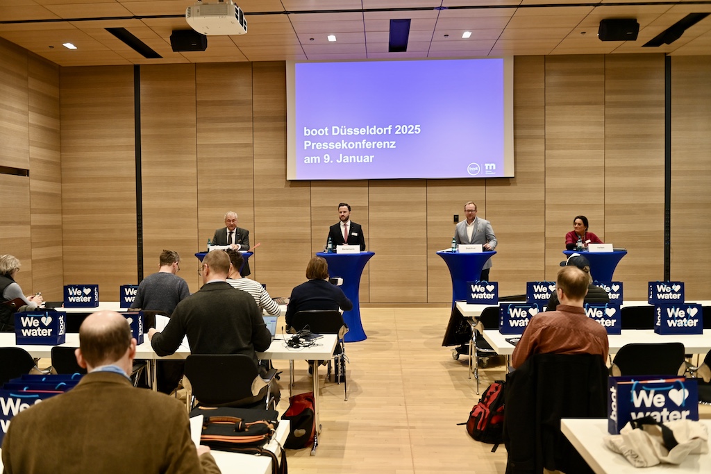 Pressekonferenz zur boot 2025. v.l. Petros Michelidakis, Marius Berlemann, Karsten Stahlhut und Tania Vellen © Lokalbüro