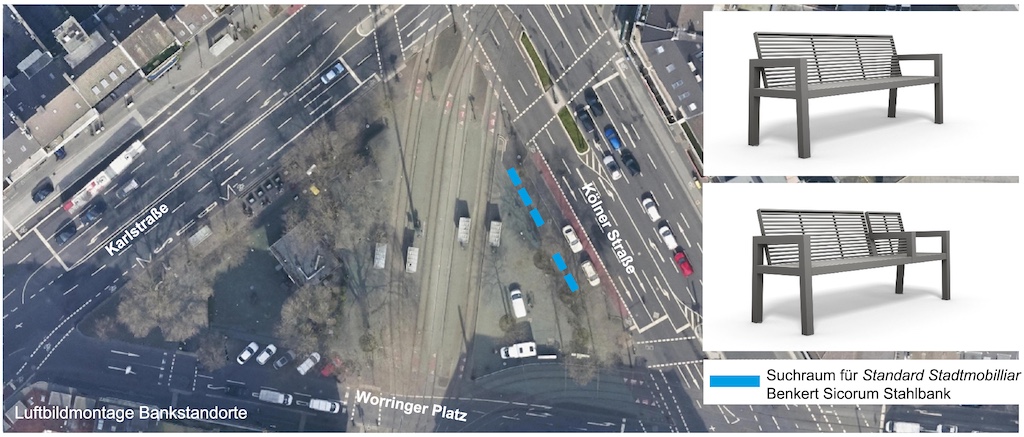 Visualisierung möglicher Standorte und Beispiele der neuen Bänke am Worringer Platz,(c)Landeshauptstadt Düsseldorf/Amt für Verkehrsmanagement