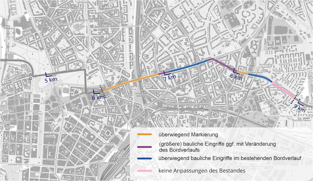 Der nun vom Rat beschlossene zweite Teilabschnitt der Radleitroute 2 erstreckt sich über rund 2,9 Kilometer und führt über die Straßen Am Wehrhahn, Grafenberger Allee, Cranachstraße und Hellweg,(c)Landeshauptstadt Düsseldorf, Amt für Verkehrsmanagement