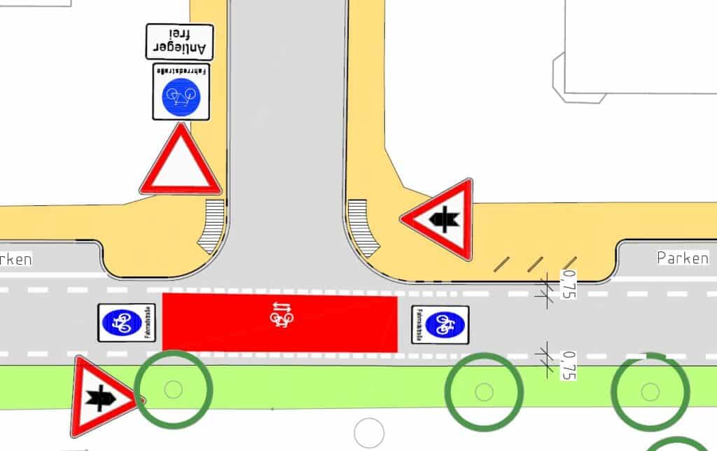 Neue Fahrradstaßen entstehen auf der Limburgstraße und der Gutenbergstraße. Ein 25 Zentimeter breiter, unterbrochener Strich kennzeichnet dort zukünftig deutlich den zu befahrenden Bereich der Fahrradstraße. © Landeshauptstadt Düsseldorf/Amt für Verkehrsmanagement