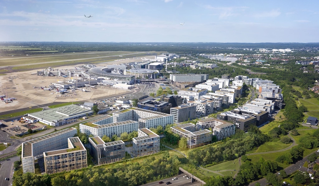 Die Airport City am Düsseldorfer Flughafen wächst weiter (Visualisierung: FDI). 