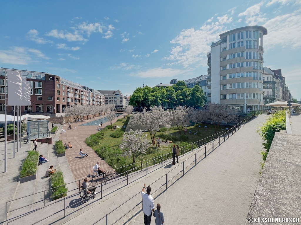 Die Grafik zeigt eine mögliche Variante zur Neugestaltung des Alten Hafens in Düsseldorf. © Visualisierung: Küss den Frosch Die Grafik zeigt eine mögliche Variante zur Neugestaltung des Alten Hafens in Düsseldorf. © Visualisierung: Küss den Frosch
