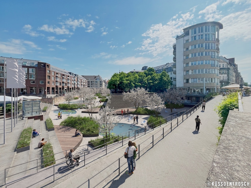 Die Grafik zeigt eine mögliche Variante zur Neugestaltung des Alten Hafens in Düsseldorf. © Visualisierung: Küss den Frosch Die Grafik zeigt eine mögliche Variante zur Neugestaltung des Alten Hafens in Düsseldorf. © Visualisierung: Küss den Frosch