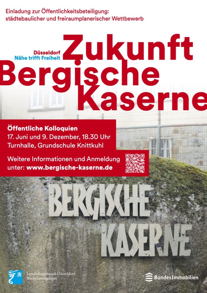 Das Plakat weist auf die laufende Öffentlichkeitsbeteiligung zur Zukunft der Bergischen Kaserne hin. © Landeshauptstadt Düsseldorf/Stadtplanungsamt Das Plakat weist auf die laufende Öffentlichkeitsbeteiligung zur Zukunft der Bergischen Kaserne hin. © Landeshauptstadt Düsseldorf/Stadtplanungsamt