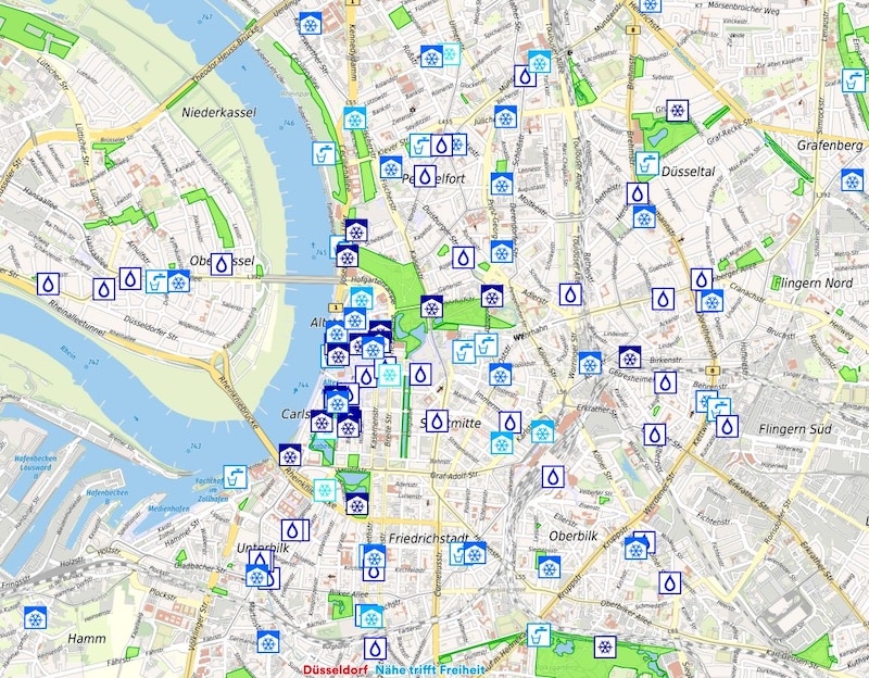 Viele kühle Plätze für heiße Tage zeigt die "Karte der kühlen Orte" © Geoportal der Landeshauptstadt Düsseldorf