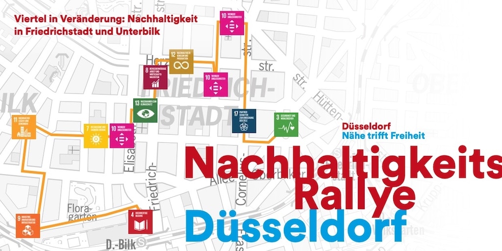 Flyer zur vierten Düsseldorfer Nachhaltigkeits-Rallye in Friedrichstadt und Unterbilk © Landeshauptstadt Düsseldorf/Amt für Umwelt- und Verbraucherschutz