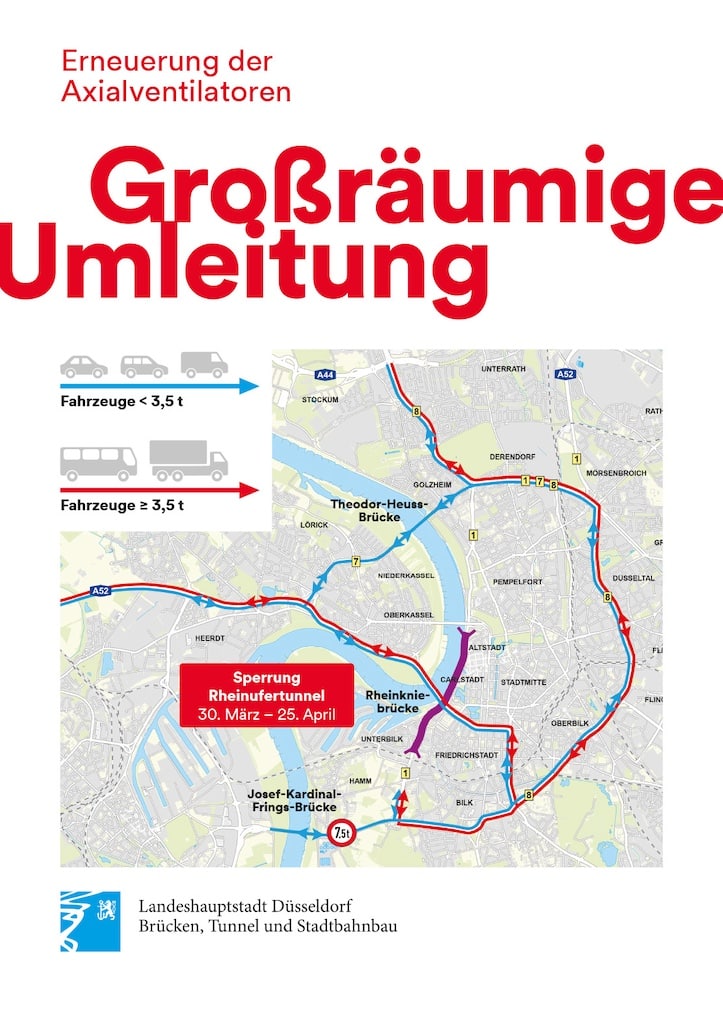 Das Schaubild zeigt mögliche Umleitungsrouten, die während der Zeit der Sperrung des Rheinufertunnels vom 30. März bis 25. April von Autofahrern genutzt werden können. © Landeshauptstadt Düsseldorf/Amt für Brücken-, Tunnel- und Stadtbahnbau Das Schaubild zeigt mögliche Umleitungsrouten, die während der Zeit der Sperrung des Rheinufertunnels vom 30. März bis 25. April von Autofahrern genutzt werden können. © Landeshauptstadt Düsseldorf/Amt für Brücken-, Tunnel- und Stadtbahnbau