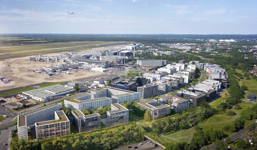 Grün, modern und bestens angebunden: Die Airport City am Düsseldorfer Flughafen ist auf der MIPIM 2026 dabei. (Visualisierung: moka-studio)