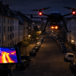 Drohne sucht nachts nach Wärmeverlusten über Düsseldorf