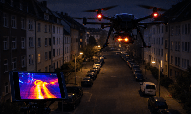 Drohne sucht nachts nach Wärmeverlusten über Düsseldorf