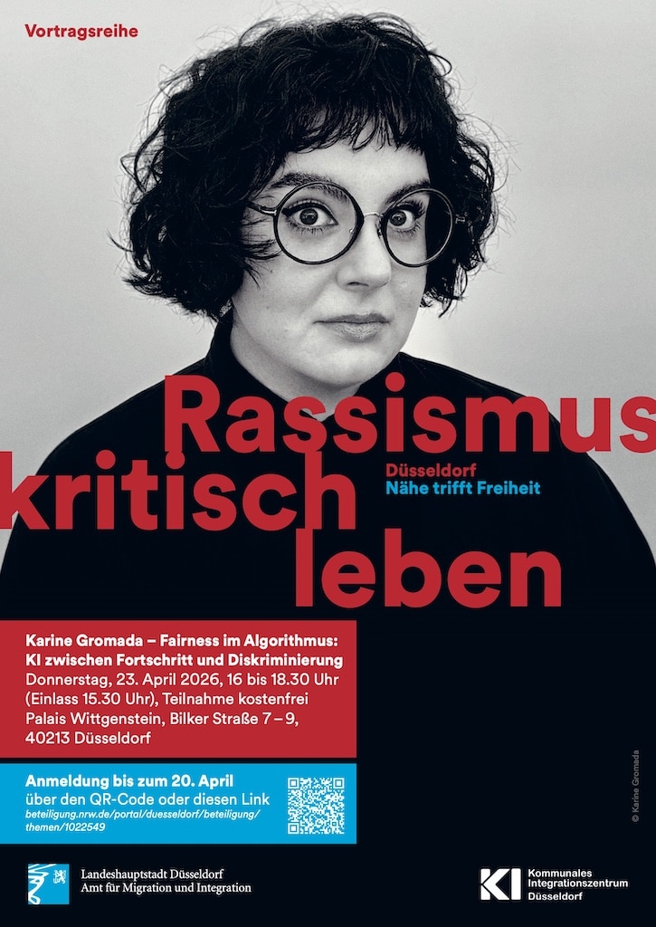 Plakatmotiv zum Vortrag "Fairness im Algorithmus - KI zwischen Fortschritt und Diskriminierung" von Karine Gromada am 23.4.2026 im Palais Wittgenstein © Karine Gromada Plakatmotiv zum Vortrag "Fairness im Algorithmus - KI zwischen Fortschritt und Diskriminierung" von Karine Gromada am 23.4.2026 im Palais Wittgenstein © Karine Gromada