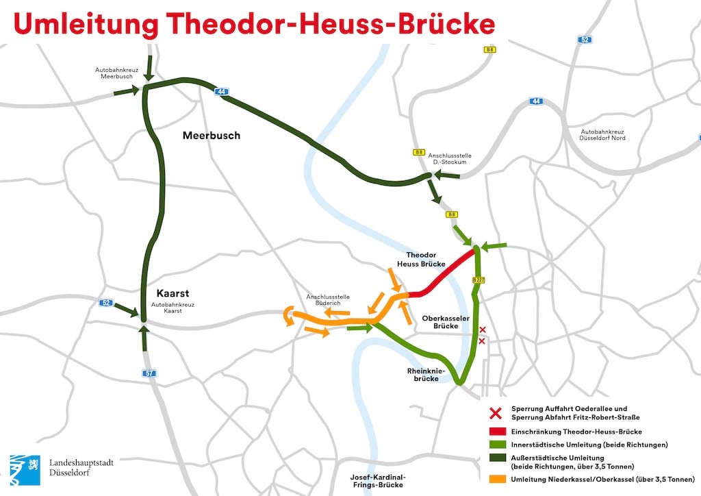 Karte für Sperrung Theodor Heuss Brücke_V2Die Grafik zeigt mögliche Umleitungsrouten während der Einschränkungen zur Zeit der Kragarmsanierung an der Theodor-Heuss-Brücke. © Landeshauptstadt Düsseldorf/Amt für Brücken-, Tunnel- und Stadtbahnbau
