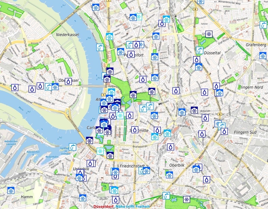 Viele kühle Plätze für heiße Tage zeigt die "Karte der kühlen Orte"(Ausschnitt aus Düsseldorfs „Karte der kühlen Orte“) ©
Geoportal der Landeshauptstadt Düsseldorf
