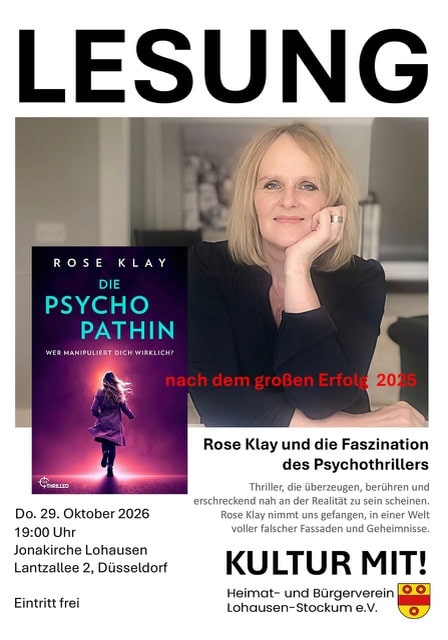 Rose Klay liest aus Psychothrillern. Genau der richtige Lesestoff für die kommende kalte Jahreszeit! © HBV Lohausen-Stockum e.V. Rose Klay liest aus Psychothrillern. Genau der richtige Lesestoff für die kommende kalte Jahreszeit! © HBV Lohausen-Stockum e.V.