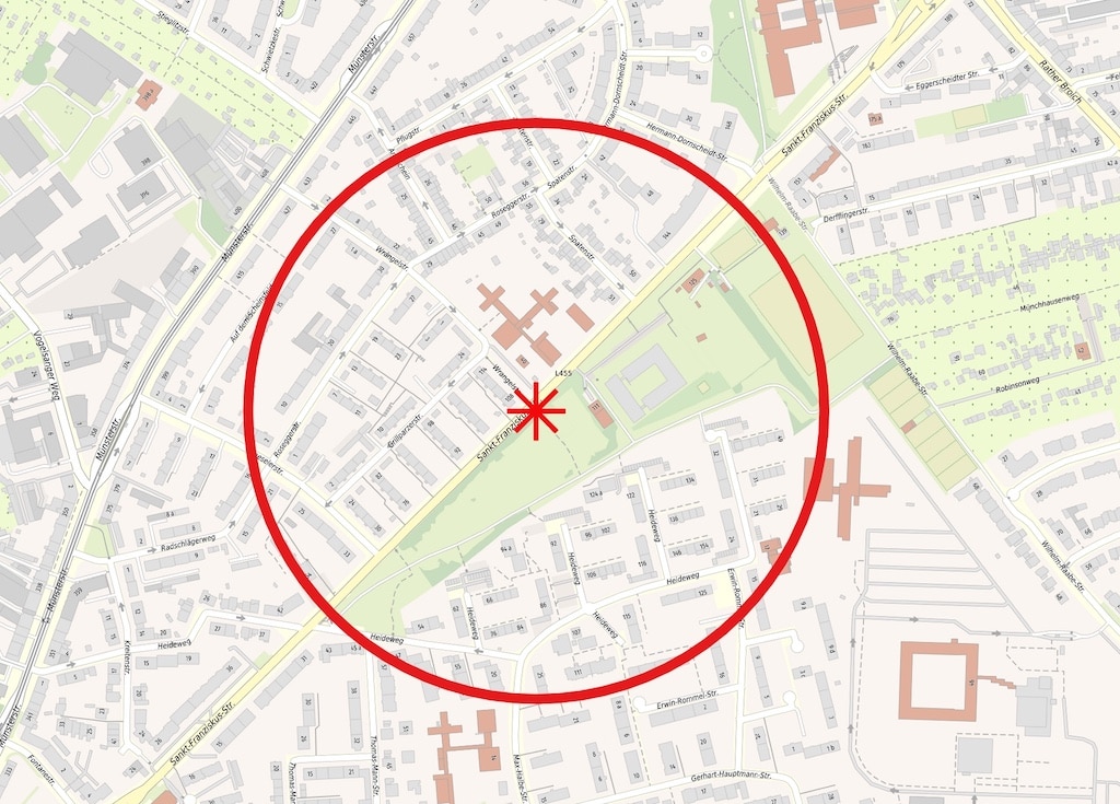 Sicherheitsradius rund um den Fundort einer 5-Zentner-Weltkriegsbombe in Mörsenbroich an der Sankt-Franziskus-Straße © Landeshauptstadt Düsseldorf
